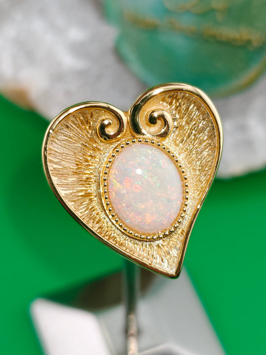 heart-shaped gold plated silver ring with an opal stone