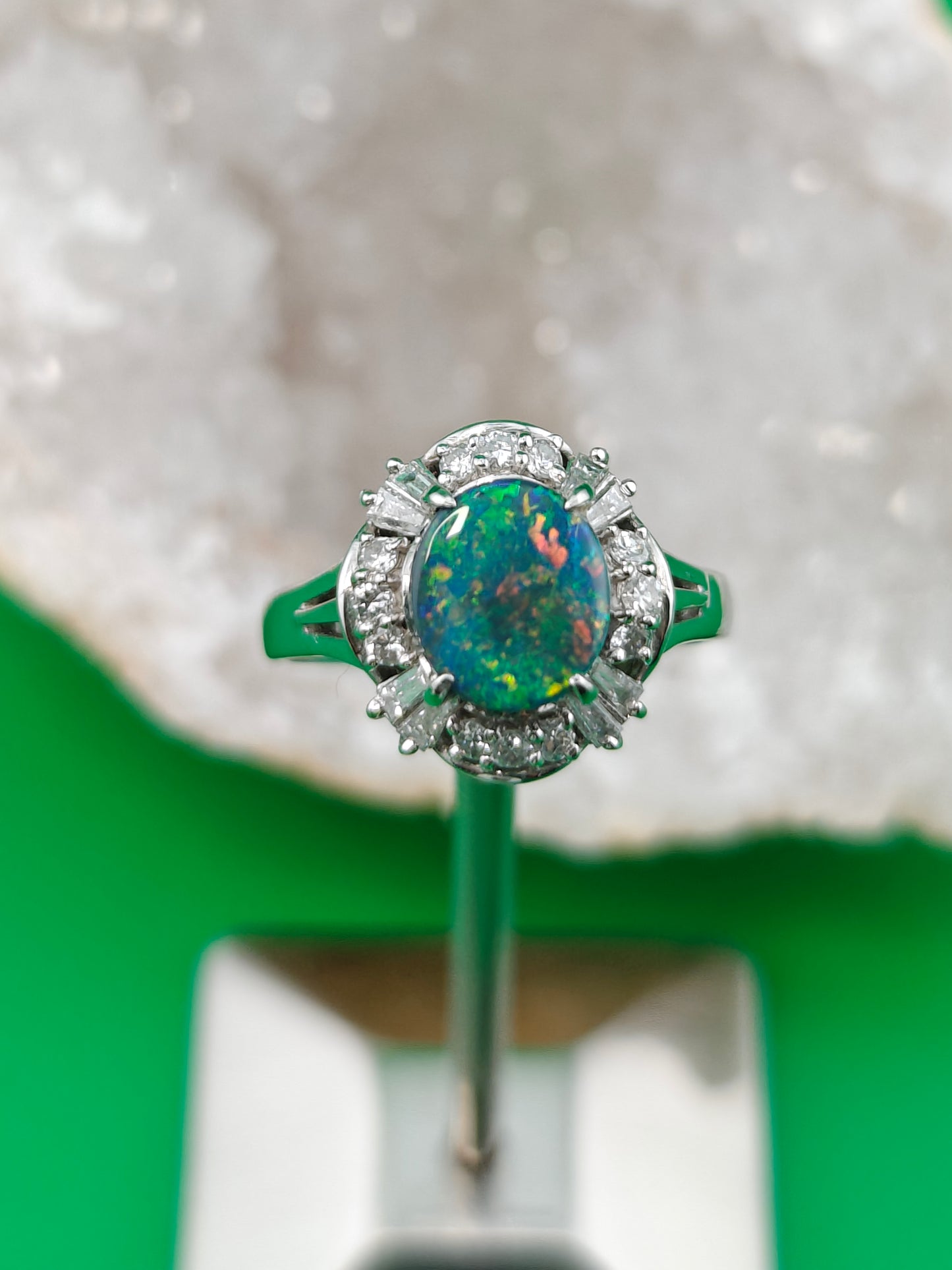 Platinum ring with Australian black opal and diamonds