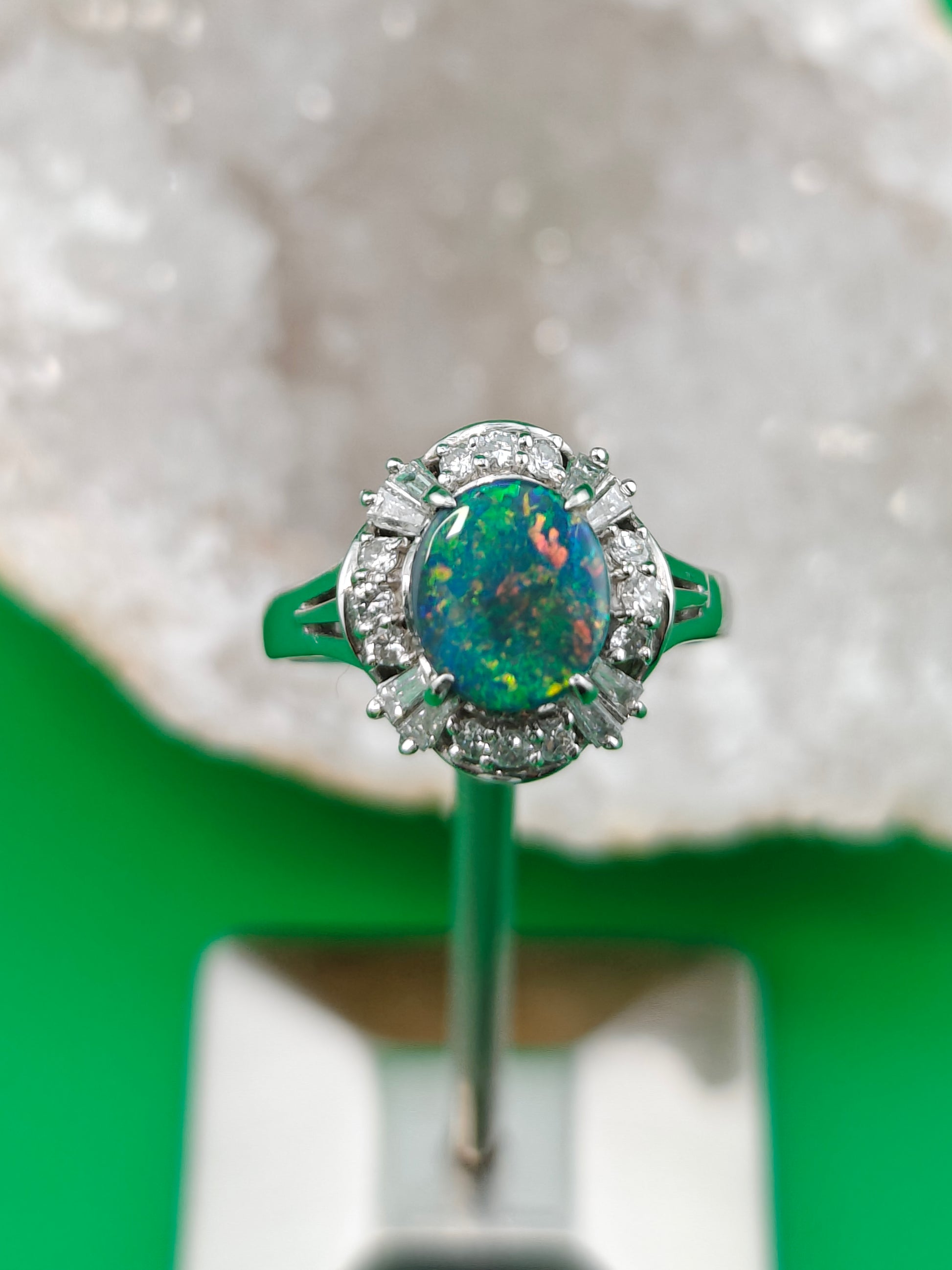 Platinum ring with Australian black opal and diamonds