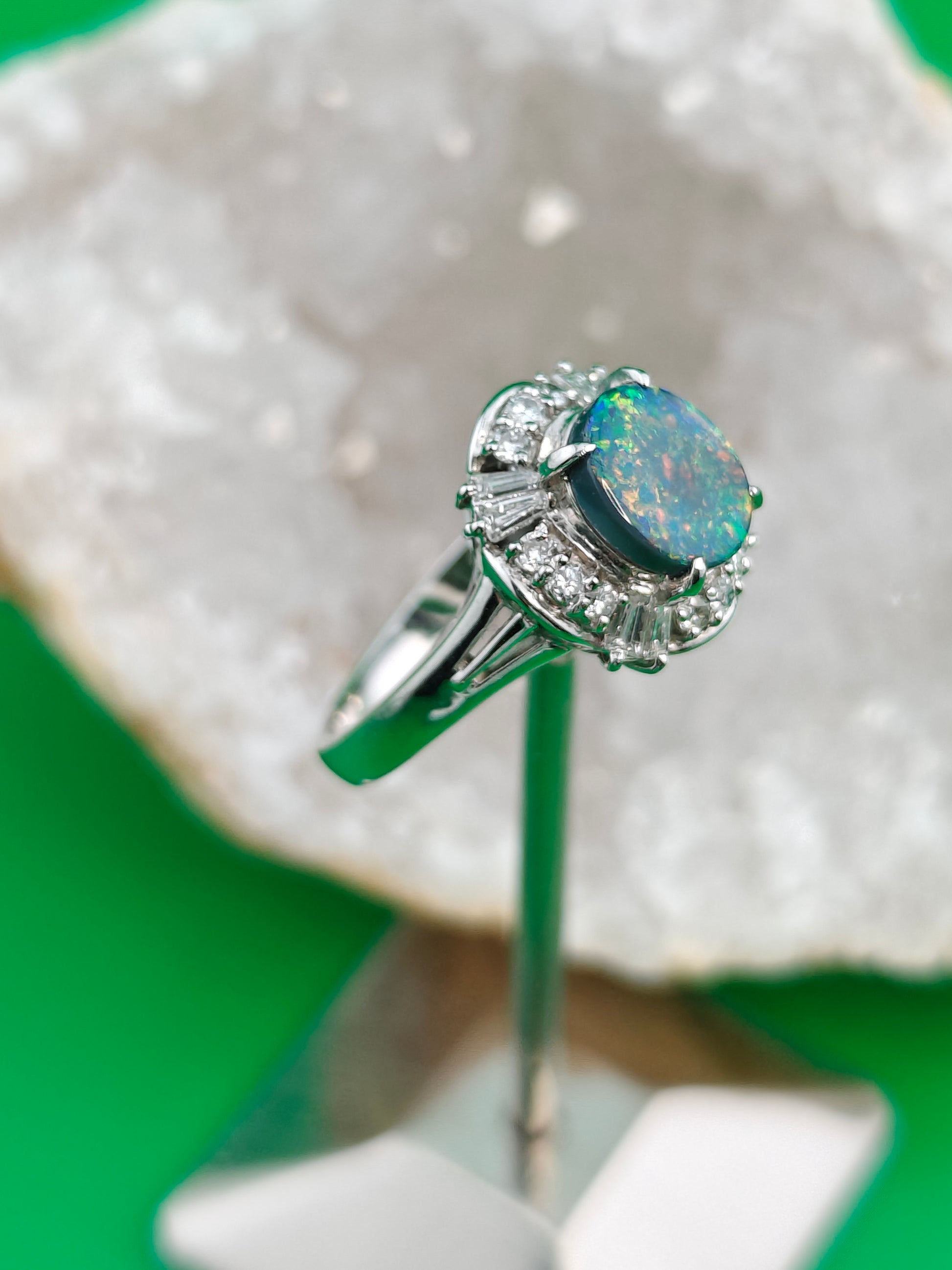 Platinum ring with Australian black opal and diamonds