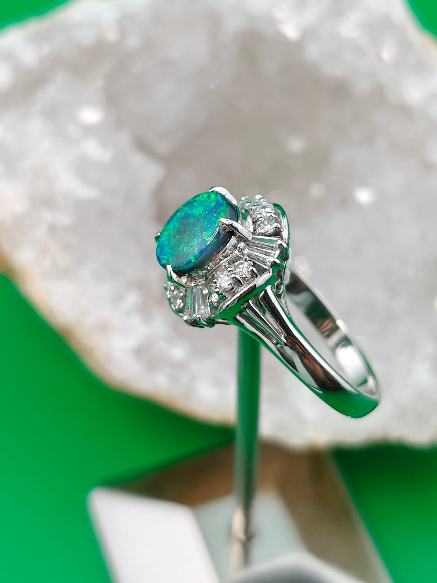 Platinum ring with Australian black opal and diamonds