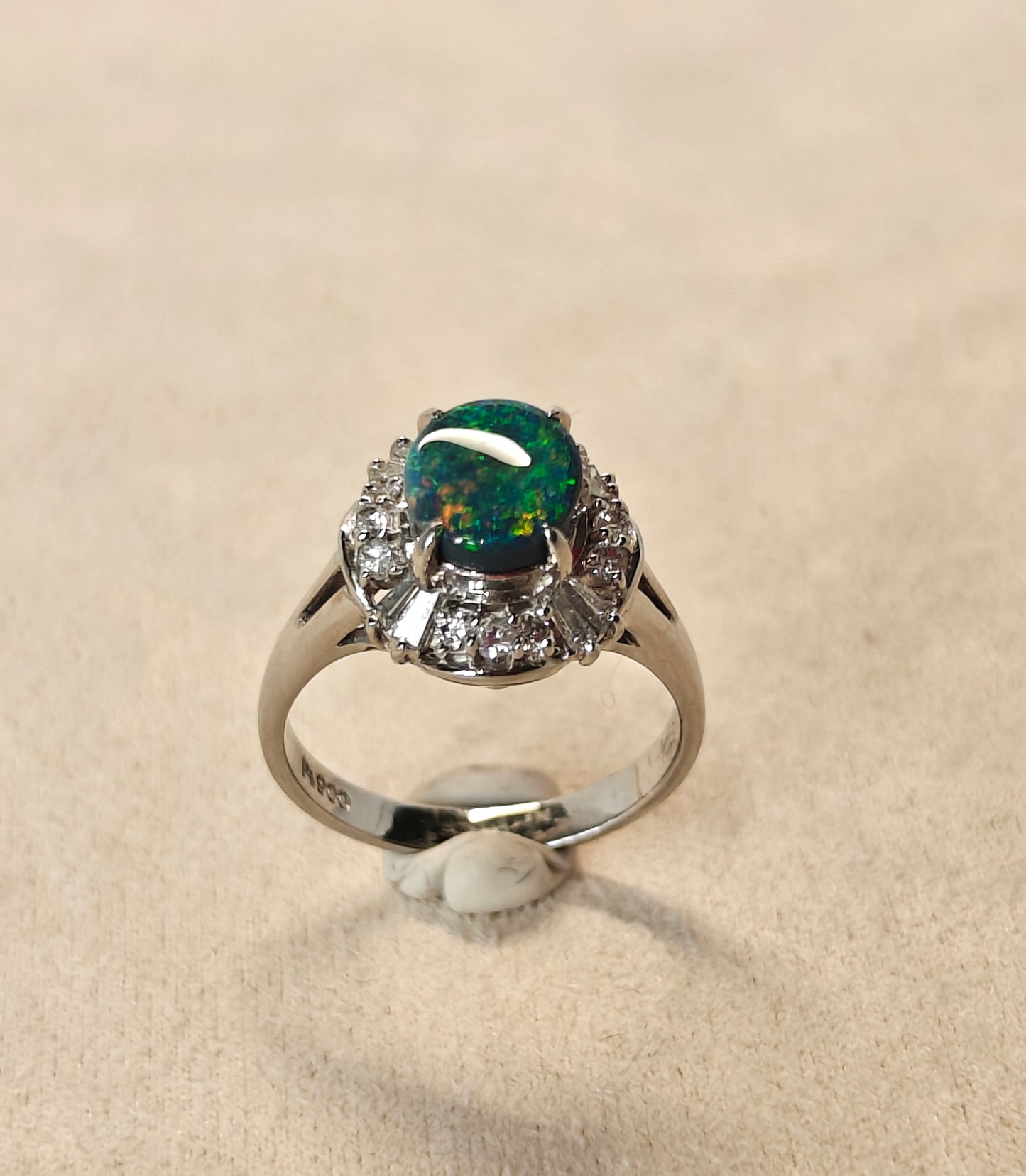 Platinum ring with Australian black opal and diamonds