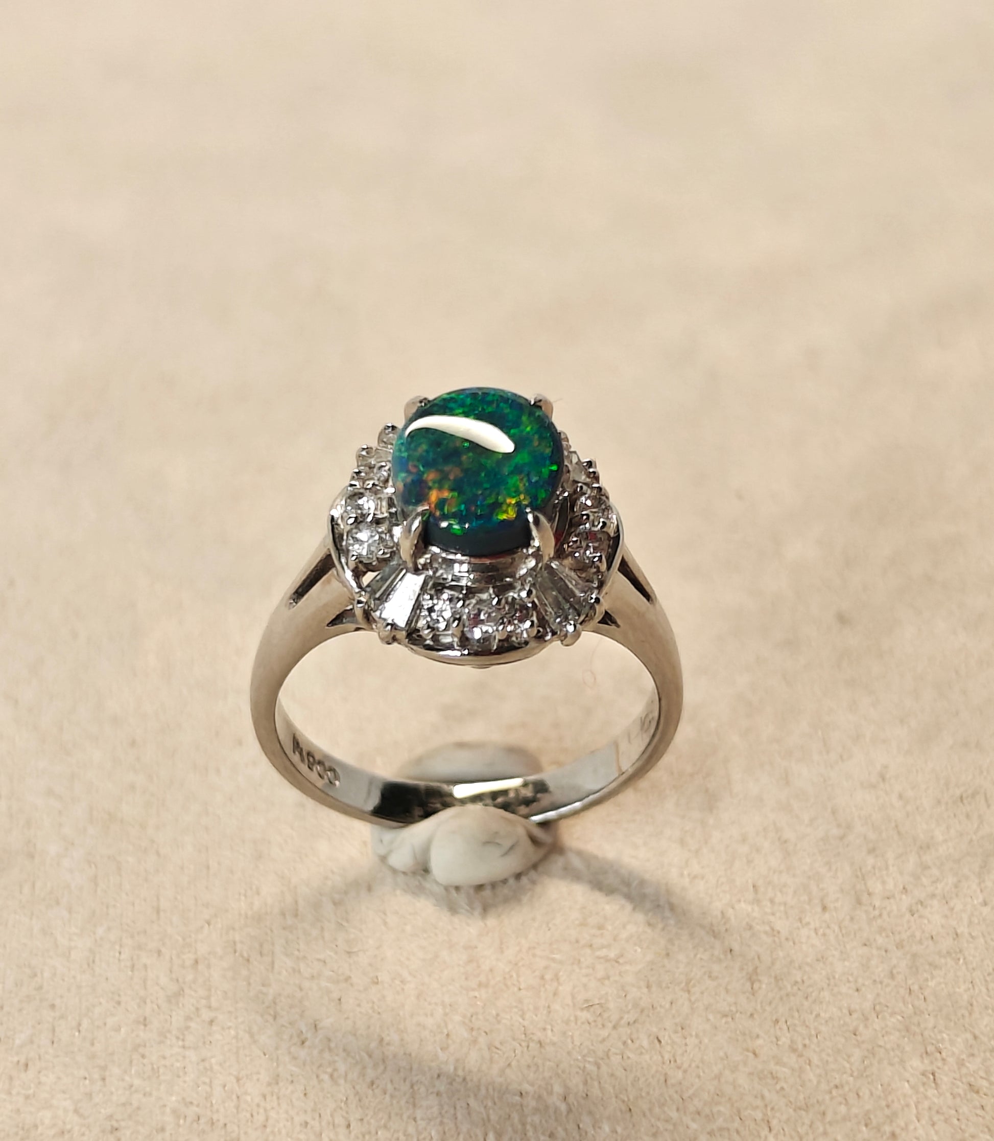 Platinum ring with Australian black opal and diamonds