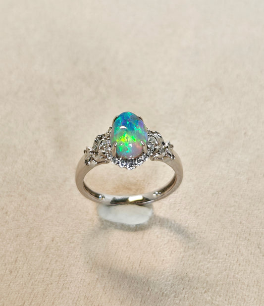 9K white gold ring with Australian Dark Crystal Opal gem